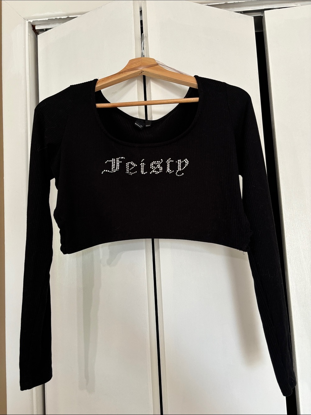 Windsor Feisty Rhinestone Crop Long-Sleeve Top - Black